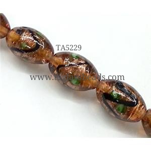 glass lampwork beads with goldsand, barrel, 11x16mm