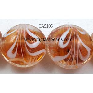 stripe lampwork glass beads, flat-round, golden, 20mm dia