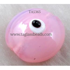 lampwork glass beads with evil eye, flat-round, pink, 16mm dia