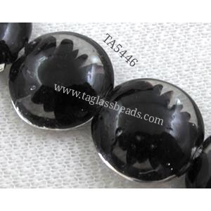 lampwork glass beads, flat-round, swirl line, black, 20mm dia