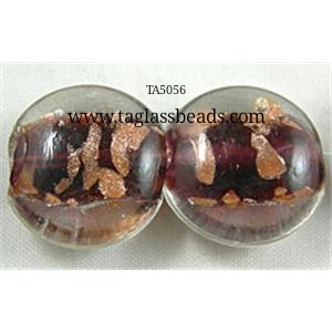 ampwork glass beads with goldsand, flat-round, deep-purple, 15mm dia