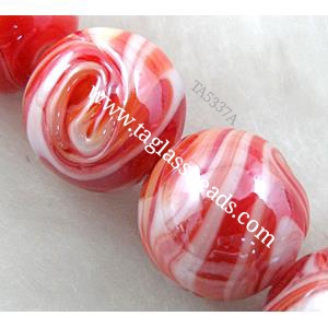 Lampwork glass bead, flat round, red, 20mm dia