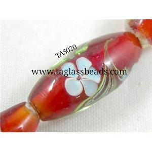 glass lampwork beads, barrel, flower, pink, 10x19mm, hole:2mm