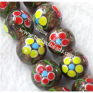 lampwork bead with flower and goldsand, round, 14mm dia