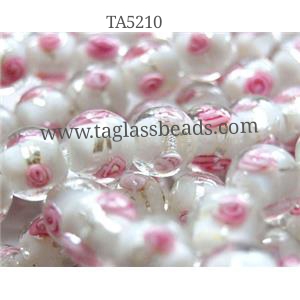 glass lampwork beads with silver foil, round, pink flower, white, 12mm dia