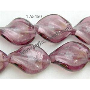 pink Handmade Twist Silver Foil Glass Bead, 15x20mm