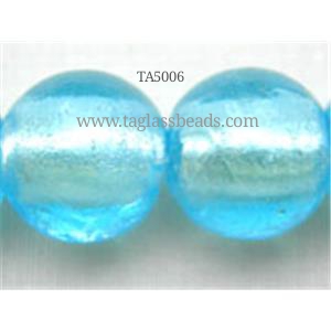 Lampwork Glass Beads with silver foil, round, aqua, 14mm dia
