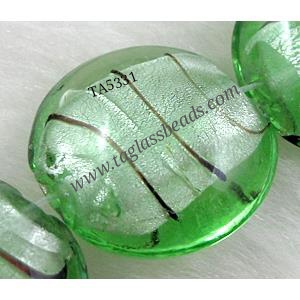 silver Foil Glass Lampwork beads, flat round, green, 20mm dia