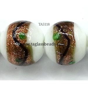 glass lampwork beads with goldsand, round, white, 14mm dia