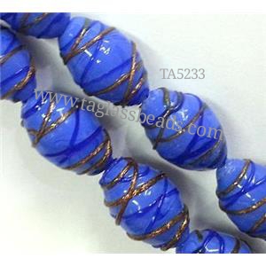 Lampwork Glass bead with goldsand, barrel, stripe, 15x23mm