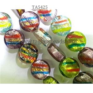 Lampwork Glass bead within foil and stripe, dichromatic, mixed color, 12mm dia