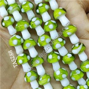 Green Lampwork Mushroom Beads, approx 10-14mm
