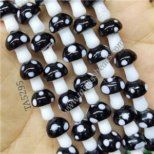 Black Lampwork Glass Mushroom Beads, approx 10-14mm