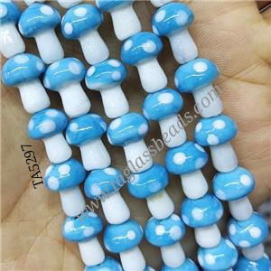 Blue Lampwork Mushroom Beads, approx 10-14mm