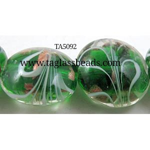 stripe lampwork glass beads, flat-round, green, 20mm dia, 20pcs