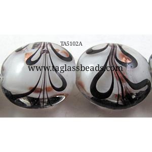 stripe lampwork glass beads, flat-round, white, 20mm dia