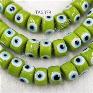 Olive Lampwork Glass Heishi Beads With Evil Eye, approx 7x11mm