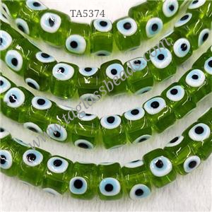 Green Lampwork Glass Heishi Beads With Evil Eye, approx 7x11mm