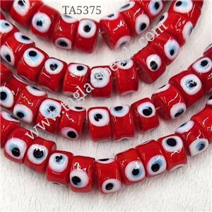 Red Lampwork Glass Heishi Beads With Evil Eye, approx 7x11mm
