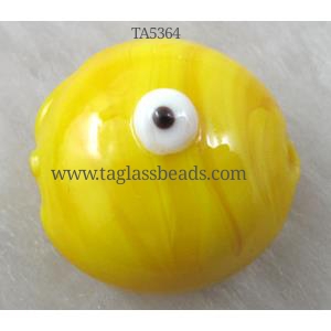 lampwork glass beads with evil eye, flat-round, Yellow, 16mm dia