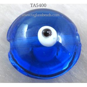 lampwork glass beads with evil eye, flat-round, blue, 16mm dia
