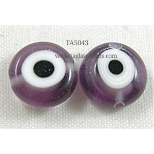 lampwork glass beads with evil eye, flat-round, purple, 12mm dia