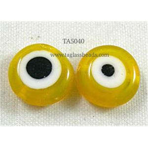 lampwork glass beads with evil eye, flat-round, yellow, 12mm dia