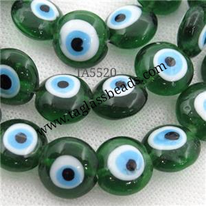 handmade green Lampwork Glass coin Beads with evil eye, approx 16mm dia