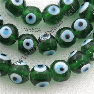 handmade green Lampwork Glass round Beads with evil eye, approx 6mm dia