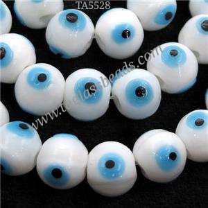 handmade white Lampwork Glass round Beads with evil eye, approx 6mm dia