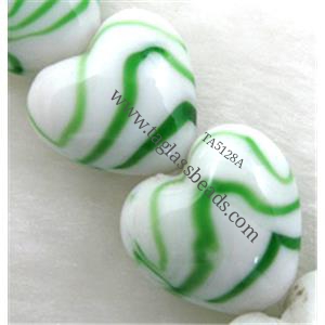 lampwork glass beads, heart, green stripe, white, 15mm dia
