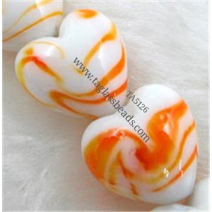 lampwork glass beads, heart, orange stripe, white, 15mm dia