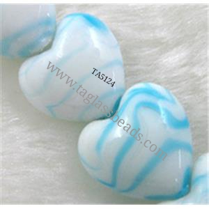 lampwork glass beads, heart, blue stripe, white, 15mm dia