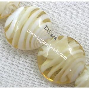 lampwork glass beads, flat-round, swirl line, lt.yellow, 20mm