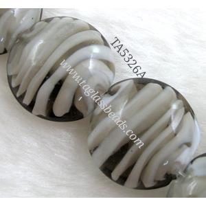 lampwork glass beads, flat-round, swirl line, grey, 20mm dia