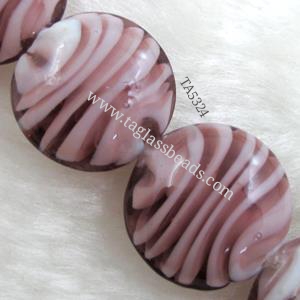 lampwork glass beads, flat-round, swirl line, purple, 20mm dia