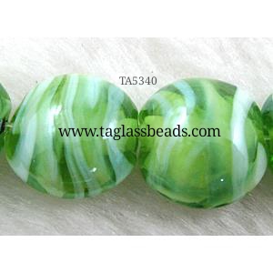 lampwork glass beads, flat-round, swirl line, green, 20mm dia