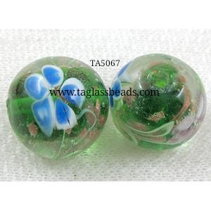 lampwork glass beads with goldsand, flat-round, green, 15mm dia