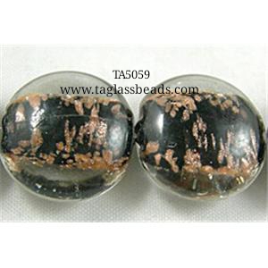 lampwork glass beads with goldsand, flat-round, black, 15mm dia