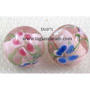 glass lampwork beads with goldsand, round, flower, pink, 20mm