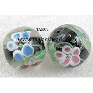glass lampwork beads with goldsand, round, flower, black, 20mm dia