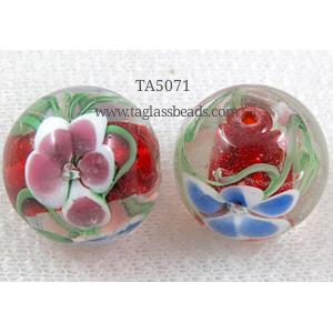 glass lampwork beads with goldsand, round, flower, red, 20mm dia