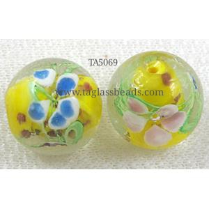 glass lampwork beads with goldsand, round, flower, yellow, 20mm dia