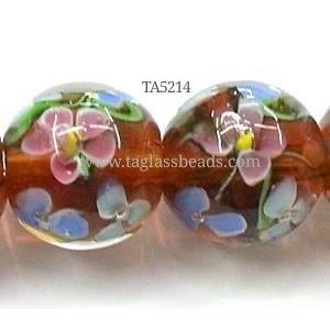 glass lampwork beads, round, flower, red, 20mm dia