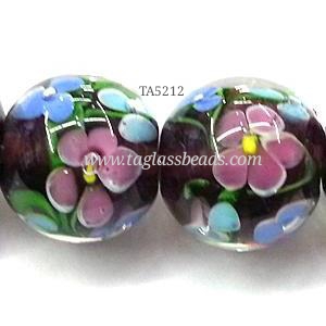 glass lampwork beads, round, flower, dark-purple, 20mm dia