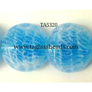 lampwork glass beads, flat-round, line, blue, 20mm dia