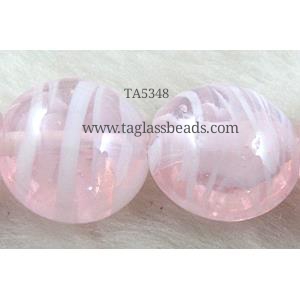 plated Lampwork glass bead, flat round, pink, 20mm dia