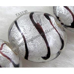 lampwork glass beads with silver foil, flat-round, line, white, 20mm dia