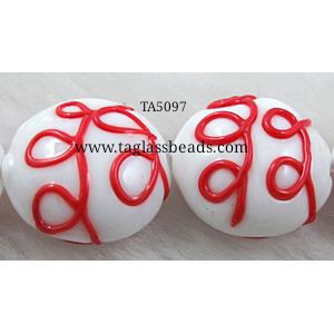 handcraft glass lampwork beads, flat-round, line, red, 20mm dia