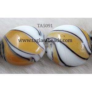 zebra lampwork glass beads, flat-round, yellow, 20mm dia